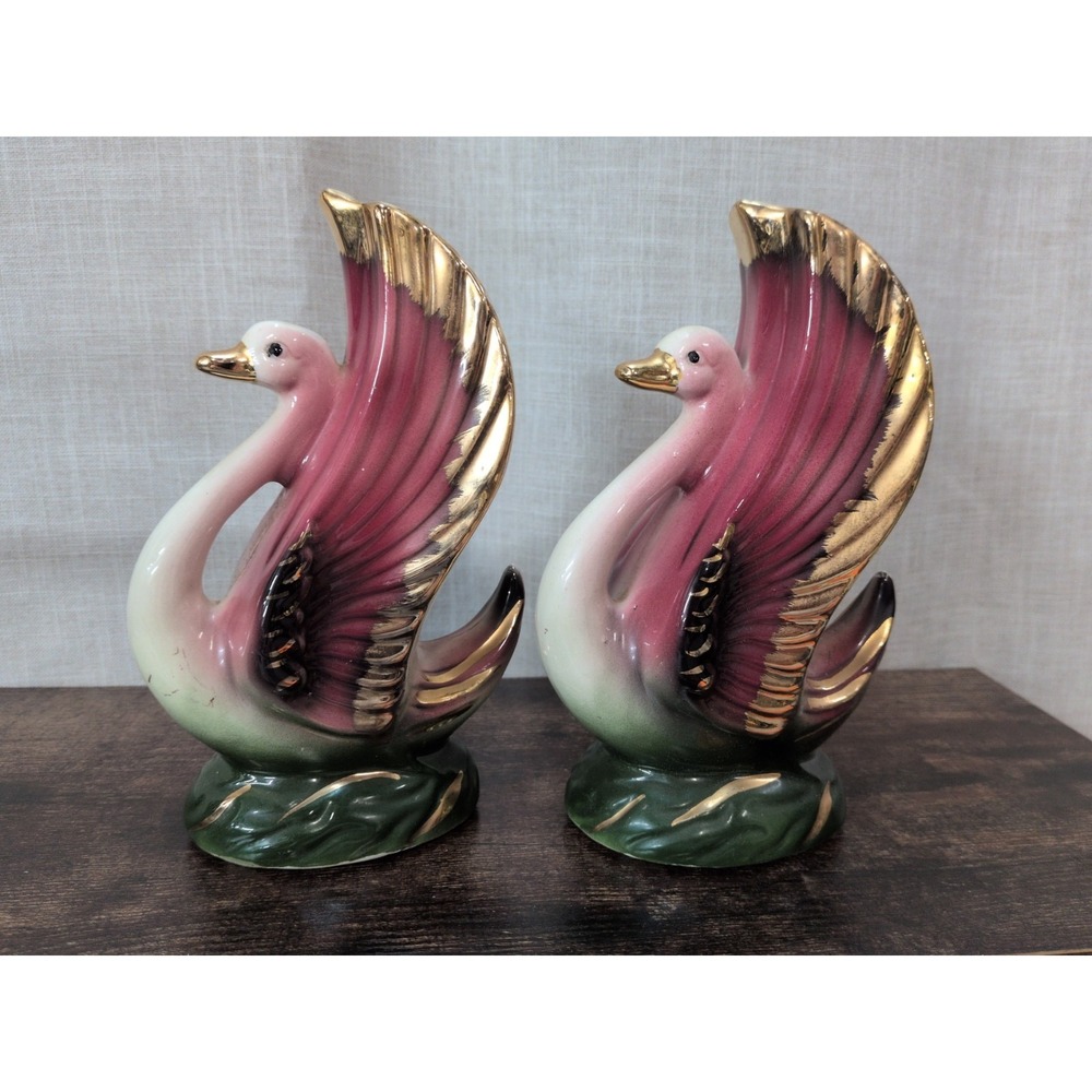 Shafer Vintage 24K Gold 7"H White Swan Planter Vases (2)